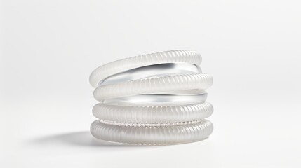 A stack of white metallic rings on a white background. This image is simple and elegant, with a minimalist design. The rings are shiny and textured, creating a contrast with the smooth background.