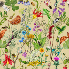 Seamless pattern with watercolor wild flowers. Hand-drawn illustration. - 660825569