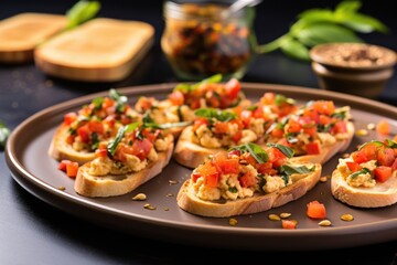 bruschetta with hummus around scattered chickpeas on a plate - obrazy, fototapety, plakaty