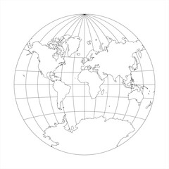 Simplified Map of World in the circle focused on Europe and Africa. Latitude and longitude grid. Van der Grinten projection. Thin black line wireframe vector illustration