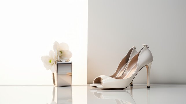 A pair of white high heels with a white flower box on a reflective surface. This image conveys a sense of elegance, femininity, and romance. The shoes are stylish and glamorous, the box is delicate