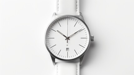 A wristwatch with a white leather strap and a silver case on a white surface. This image showcases a modern and elegant accessory.