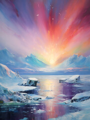 Northern Lights. Landscape. Impressionism style oil painting.