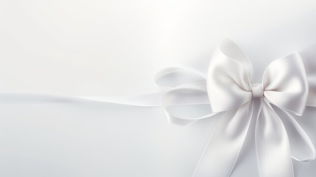 A white ribbon bow on a light gray background. This image is simple and elegant, with a silky and shiny texture. The bow is tied in the center and has four loops and two tails.