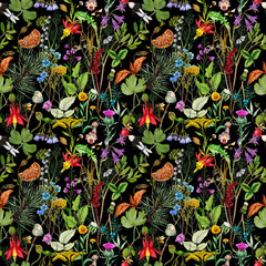 Seamless pattern with watercolor wild flowers. Hand-drawn illustration. - 660826300