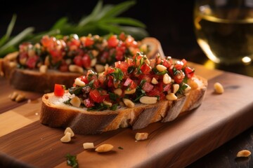 one bruschetta leaning against a pile of whole pine nuts
