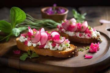 bruschetta with sliced radish and goat cheese spread