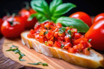 close-up of baguette slice with diced tomatoes and fresh basil