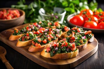 serving tray with a pile of fresh herb garnished bruschetta