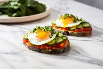sunny side-up egg and spicy cucumber bruschetta on marble countertop