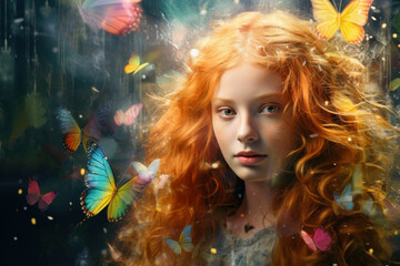 Obraz na płótnie Canvas Ginger hair girl with batterflies. Dreamlike image