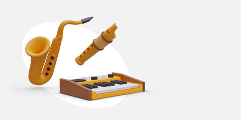 3D musical instruments. Saxophone, synthesizer, flute. Lessons in music school, choice of direction. Tutor, accompanist services. Color modern web design