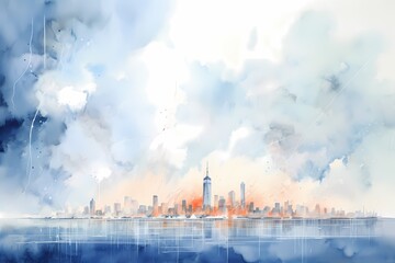 Obraz premium Modern cityscape with skyscrapers and cloudy sky. Watercolor