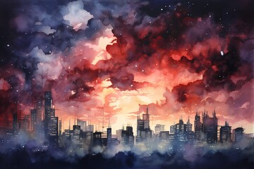 Night cityscape with skyscrapers and clouds. Watercolor