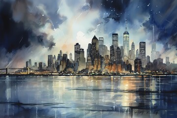 Obraz premium Illustration of city skyline with skyscrapers and reflections. Watercolor