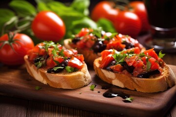 bruschetta with black olives under soft natural lighting