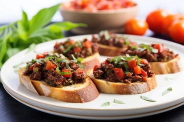 side view of bruschetta with sun-dried tomato tapenade on a ceramic plate