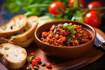 bruschetta with sun-dried tomatoes near a bowl of mixed olives