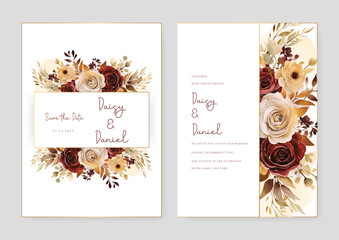 Red and beige rose and poppy elegant wedding invitation card template with watercolor floral and leaves