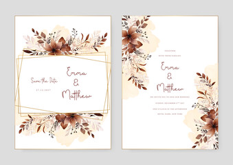 Brown hibiscus luxury wedding invitation with golden line art flower and botanical leaves, shapes, watercolor