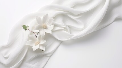 A white silk fabric with two white flowers on a white background. This image expresses a sense of purity, elegance, and beauty. The fabric is smooth and flowing, creating a graceful shape.