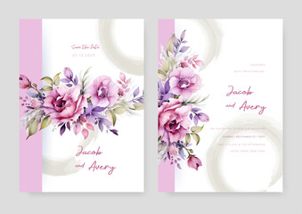 Pink and purple violet rose elegant wedding invitation card template with watercolor floral and leaves