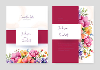 Colorful colourful frangipani artistic wedding invitation card template set with flower decorations