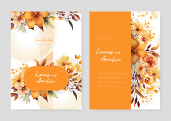 Orange and peach frangipani modern wedding invitation template with floral and flower