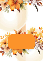 Orange and peach watercolor hand painted background template for Invitation with flora and flower