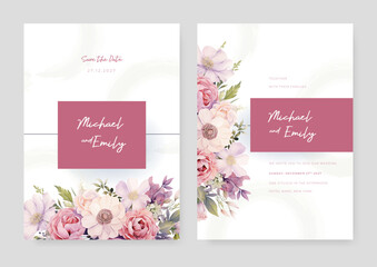 Beige pink and purple violet poppy and rose rose wedding invitation card template with flower and floral watercolor texture vector
