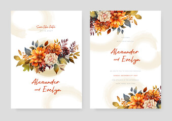 Beige and orange peony luxury wedding invitation with golden line art flower and botanical leaves, shapes, watercolor