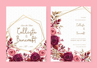 Pink and red rose modern wedding invitation template with floral and flower