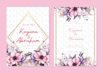 Pink and purple violet poppy luxury wedding invitation with golden line art flower and botanical leaves, shapes, watercolor
