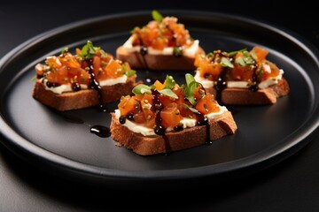 bruschetta with ricotta served on a modern square black plate