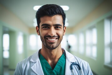 AI generated illustration of a male doctor in uniform in a hospital hallway