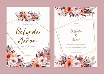 Orange and beige rose and poppy floral wedding invitation card template set with flowers frame decoration