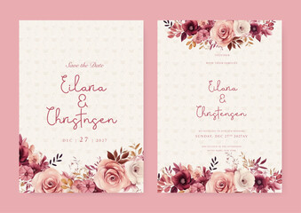Pink red and beige rose and cosmos wedding invitation card template with flower and floral watercolor texture vector