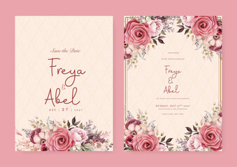 Pink and beige rose and poppy artistic wedding invitation card template set with flower decorations