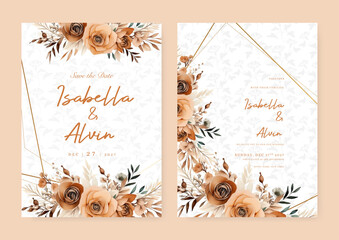 Brown and beige rose rustic beautiful wedding invitation card template set with flowers and floral