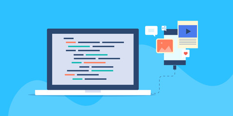 Mobile app development concept, smartphone connected with laptop code script on screen, testing mobile app function, software technology vector illustration web banner.
