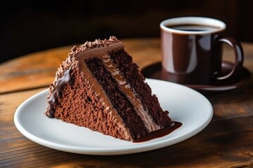 a slice of chocolate cake with a coffee cup