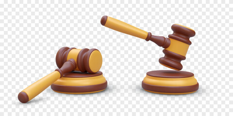 3D wooden judge gavel and stand. Auctioneer hammer is lying and knocking on stand. Vector object in different positions. Set of isolated color images, icons - obrazy, fototapety, plakaty