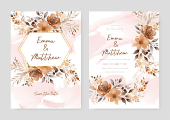 Brown rose and elegant wedding invitation card template with watercolor floral and leaves