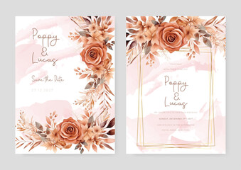 Brown rose beautiful wedding invitation card template set with flowers and floral