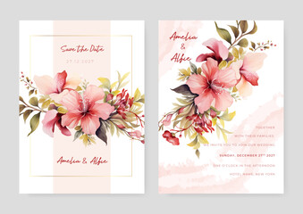 Pink and red hibiscus artistic wedding invitation card template set with flower decorations