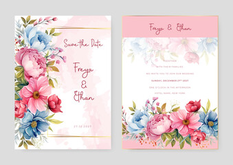 Pink and blue poppy luxury wedding invitation with golden line art flower and botanical leaves, shapes, watercolor