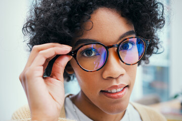 Vision, glasses and woman face with frame for eye care, wellness and prescription lens. Health,...