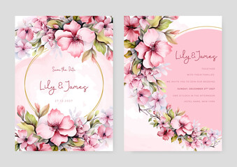 Fototapeta na wymiar Pink sakura rose wedding invitation card template with flower and floral watercolor texture vector