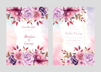 Pink and purple violet poppy set of wedding invitation template with shapes and flower floral border