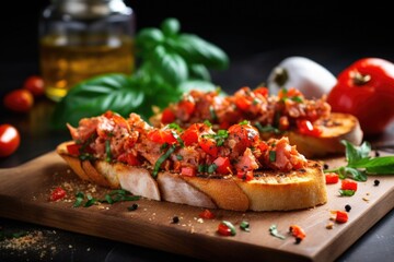 tuna bruschetta topped with a sprinkle of paprika